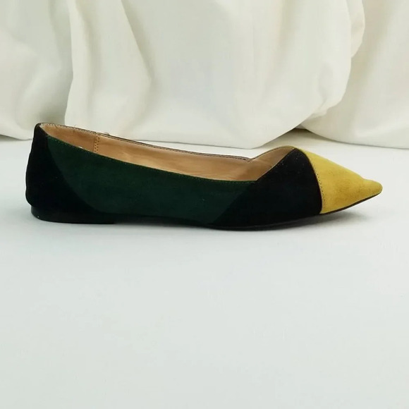 Zara Trafaluc Sz 37 (US 7-7.5) Dijon Yellow Black Green Suede Pointed Toe Flats - Picture 2 of 12
